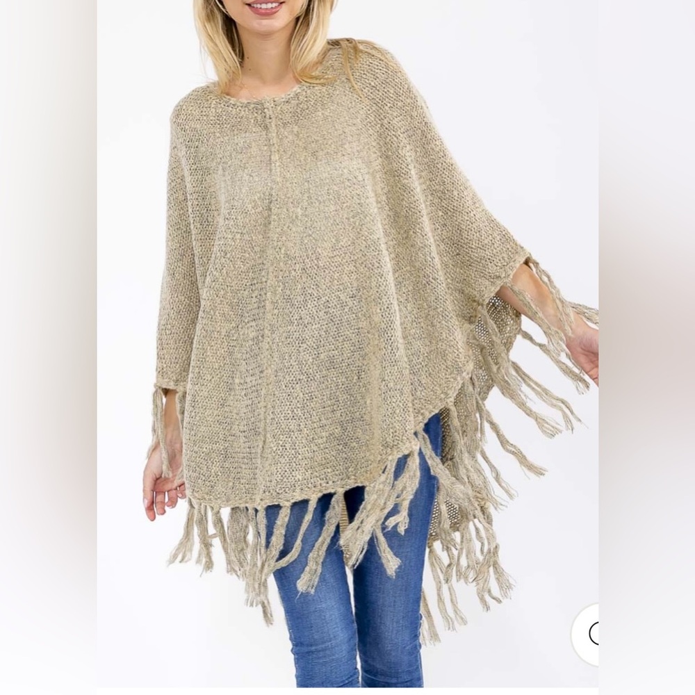 EUC TRIM FRINGE DETAILED PULLOVER PONCHO Color Taupe